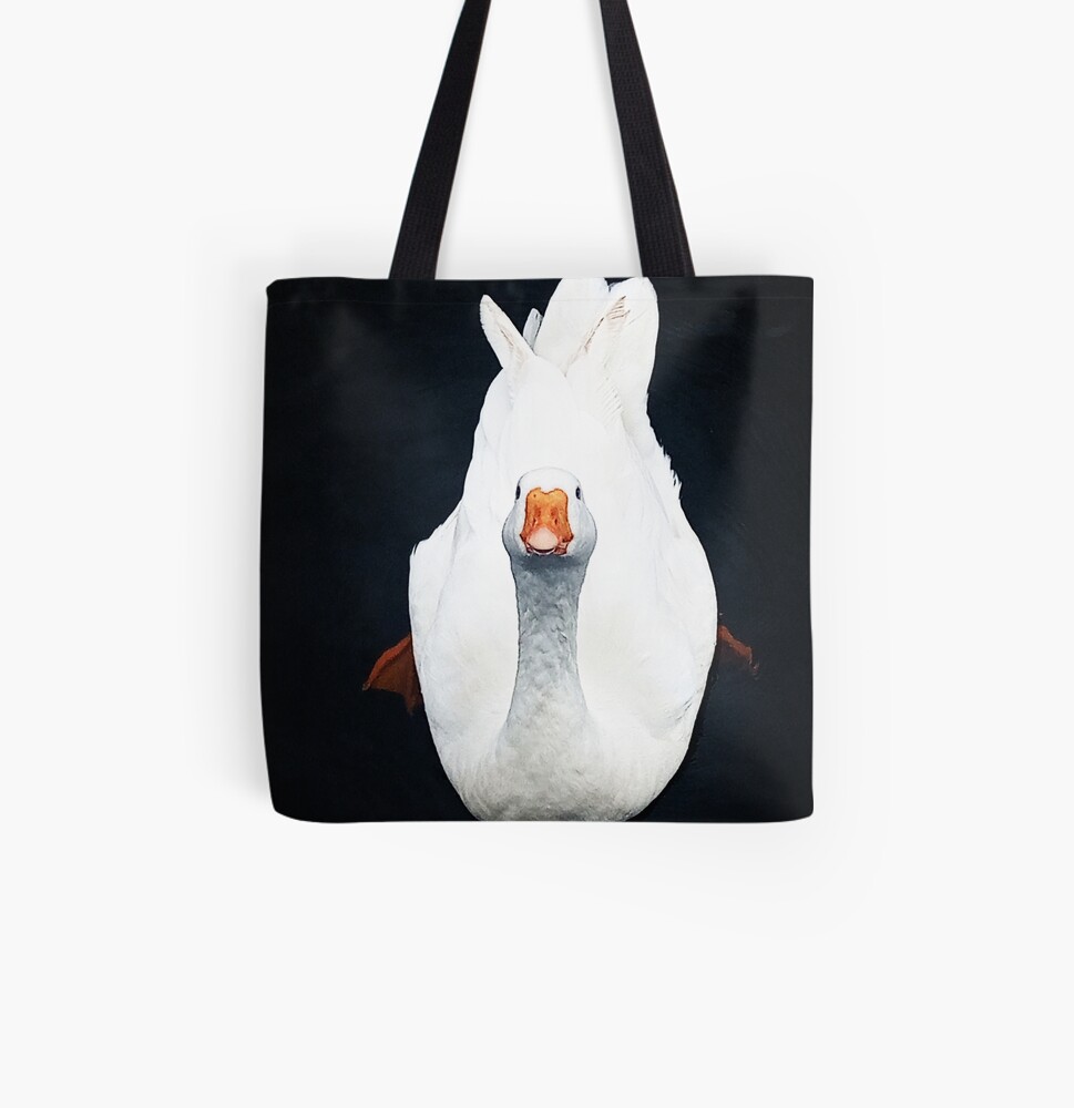 Product image for tote bag: Swan in dark water looking up.